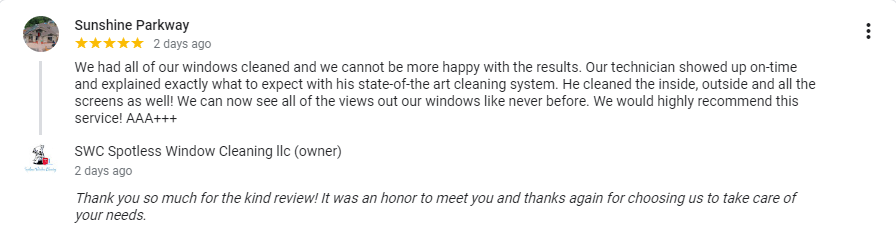 Customer review screenshot from Sunshine Parkway