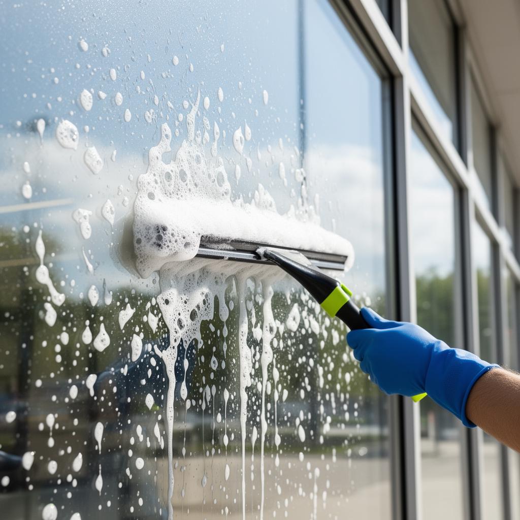 Commercial storefront window being cleaned